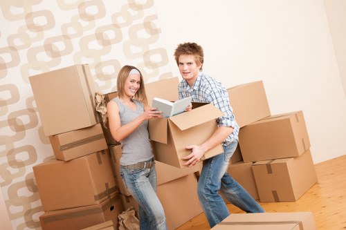 Packed office equipment and furniture ready for relocation in Richmond Upon Thames